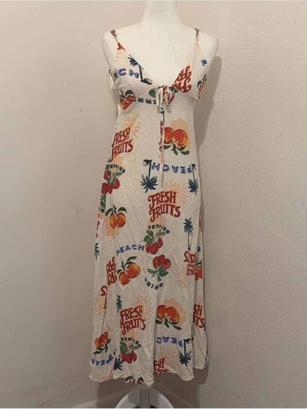 Cream linen blend Fruit- tropical Print Maxi Sundress with Tie  back coastal